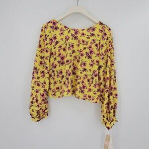 GB Gianni Bini Yellow Floral Pink Open Tie Back Crop Long Sleeve Blouse X-Large